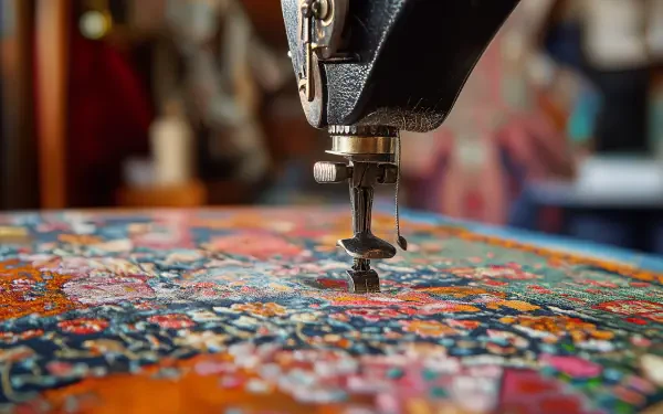Close-up of a vintage sewing machine stitching colorful fabric, showcasing intricate patterns. This vibrant image serves as a stunning 4K Ultra HD wallpaper.