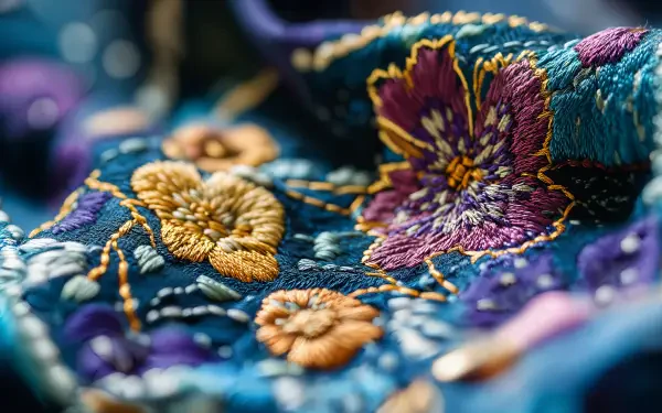 Close-up of vibrant embroidery featuring intricate floral designs in various colors. A 4K Ultra HD PC desktop wallpaper showcasing detailed textile art.