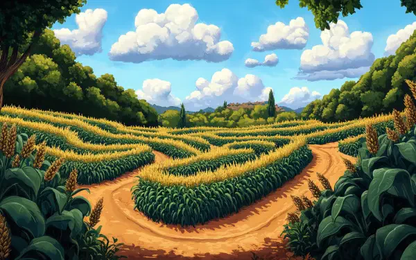 A vibrant corn maze stretches across a sunny landscape, with winding paths surrounded by lush cornfields and fluffy clouds above, designed as a stunning 4K Ultra HD desktop wallpaper.