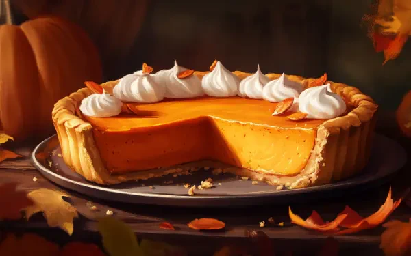 A beautifully rendered pumpkin pie sits on a plate, showcasing its creamy orange filling topped with whipped cream and garnished with leaves, set against a cozy autumn backdrop.