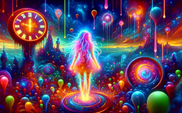 A vibrant, surreal 4K Ultra HD desktop wallpaper featuring a neon girl surrounded by colorful abstract and fantasy elements in a glowing, dreamlike landscape.