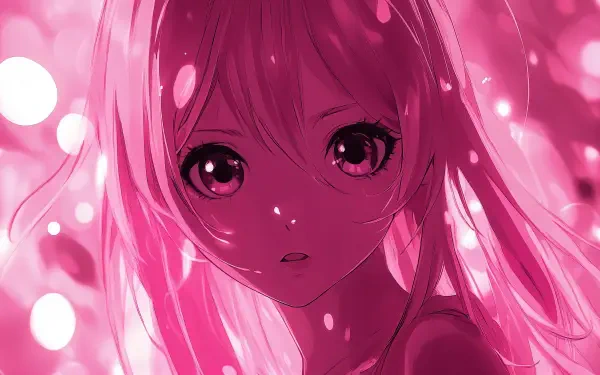 A captivating pink anime girl with large expressive eyes, surrounded by soft glowing lights, serves as a vibrant 4K Ultra HD desktop wallpaper and background.