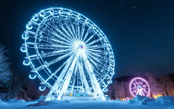 A stunning 4K Ultra HD image of a brightly lit ferris wheel at night, surrounded by snow, showcasing the vibrant colors and intricate design against a dark sky.