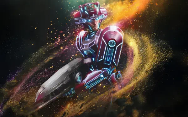 A vibrant 4K Ultra HD wallpaper featuring a character from the movie Transformers One, set against a dynamic cosmic background filled with colorful splashes and effects.