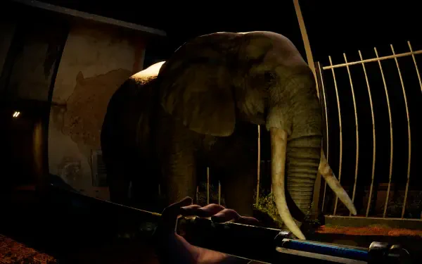 A dramatic scene from the video game Zoochosis features a close-up of an elephant against a dark backdrop, highlighting the tension and atmosphere of the HD PC desktop wallpaper.