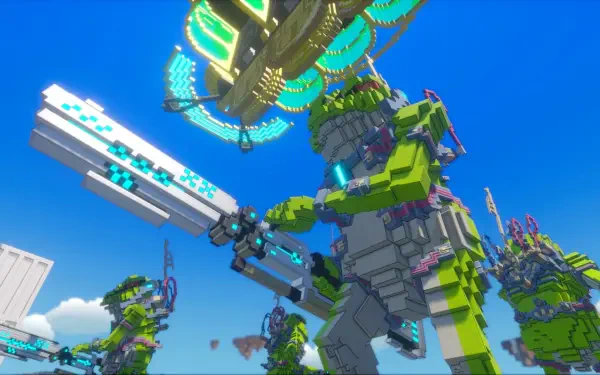 A vibrant HD desktop wallpaper from Earth Defense Force: World Brothers 2, featuring towering, colorful mechs armed and ready against a clear blue sky.