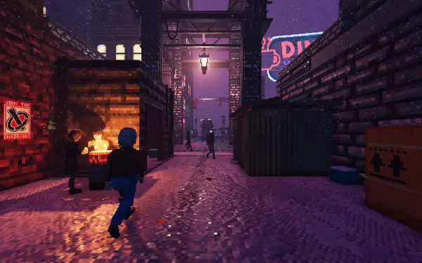 A vibrant HD wallpaper from the video game Shadows of Doubt, featuring a mysterious alley scene with characters navigating through a stylized urban landscape.