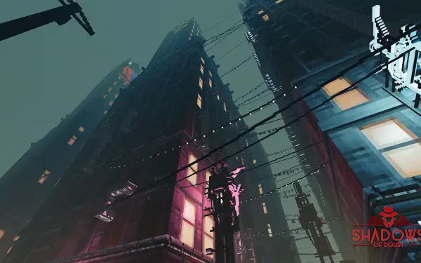 HD wallpaper from the video game Shadows of Doubt, featuring a dramatic view of towering buildings illuminated by vibrant lights amidst a moody atmosphere.