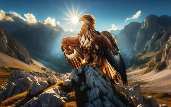 A majestic eagle stands atop a rocky perch, wings spread, against a backdrop of mountains and a setting sun, captured in stunning 4K Ultra HD resolution for a striking desktop wallpaper.