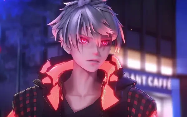 A dynamic HD PC desktop wallpaper featuring a character from the video game Reynatis, showcasing striking red eyes and a bold, illuminated outfit set against a vibrant urban backdrop.