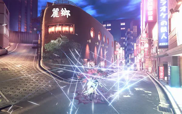 A vibrant HD PC desktop wallpaper featuring a dynamic scene from the video game Reynatis, showcasing a bustling city street illuminated by bright lights and explosive effects.
