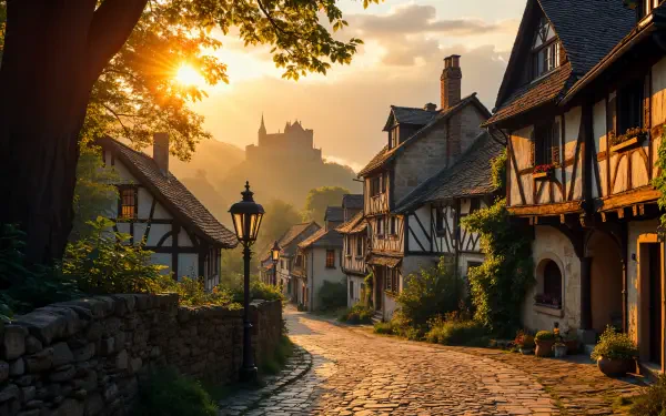 A serene medieval village at sunset, featuring charming timber-framed houses along a cobblestone path, with a distant castle silhouetted against the golden sky. 4K Ultra HD wallpaper.