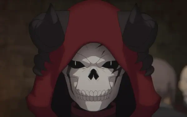 A dramatic HD wallpaper featuring the character from The Strongest Magician in the Demon Lord's Army Was a Human, showcasing a sinister figure with a skull mask and red hood.