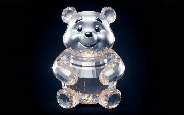 A whimsical crystal figurine of Winnie the Pooh, designed as a 4K Ultra HD desktop wallpaper and background, showcasing its playful charm and elegance against a dark backdrop.