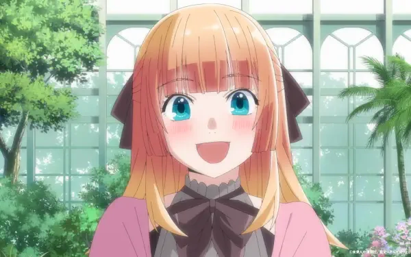 A cheerful anime character with orange hair and blue eyes smiles brightly in a lush, green garden, featured in As a Reincarnated Aristocrat I’ll Use My Appraisal Skill to Rise in the World.