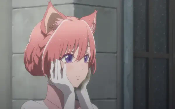 An enchanting anime character with pink hair and cat ears, expressing intrigue. This HD PC desktop wallpaper captures a moment from Bye Bye Earth.