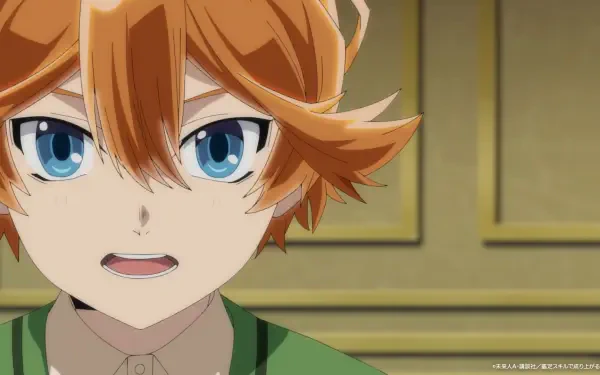 A determined character from the anime As a Reincarnated Aristocrat I’ll Use My Appraisal Skill to Rise in the World, featuring vibrant orange hair and striking blue eyes, set against an elegant background.