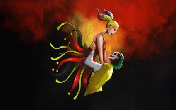 A vibrant 4K Ultra HD wallpaper featuring Joker and Harley Quinn from *Joker: Folie à Deux*, capturing their iconic, dynamic relationship against a dramatic background.