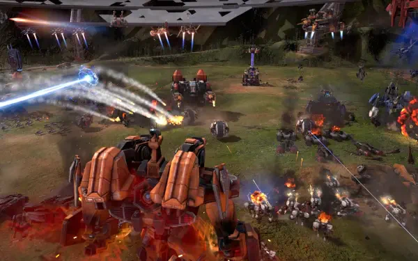 HD PC desktop wallpaper showcasing an intense battle scene from the video game Mechabellum, featuring towering mechs and futuristic weaponry in action.