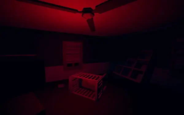 Dark, red-lit room from the video game Moving Houses, shown as an HD PC desktop wallpaper and background.