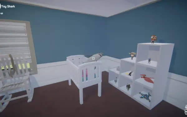 A cozy room depicted in a video game titled Moving Houses, featuring a crib and a shelf with toys against a blue wall, set as a high-definition PC desktop wallpaper.
