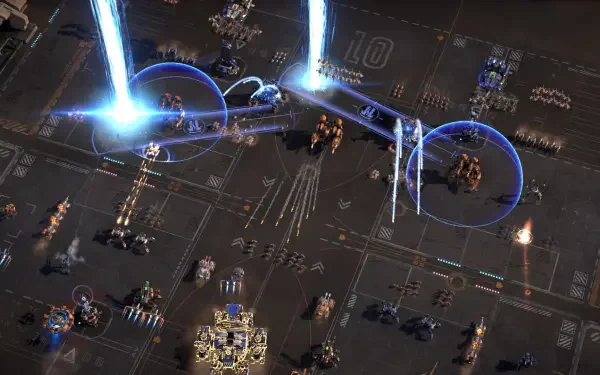 A dynamic HD wallpaper showcasing action from the video game Mechabellum, featuring complex mech designs and strategic gameplay elements in a vibrant sci-fi setting.