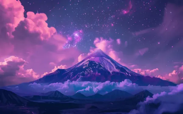 A stunning mountain rises majestically beneath a starry sky, with vibrant clouds swirling around, creating a breathtaking night scene in 4K Ultra HD.