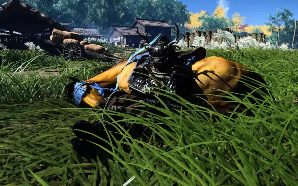 4K Ultra HD Ghost of Tsushima PC wallpaper featuring a samurai resting in tall grass with traditional Japanese village and autumn trees in the background.