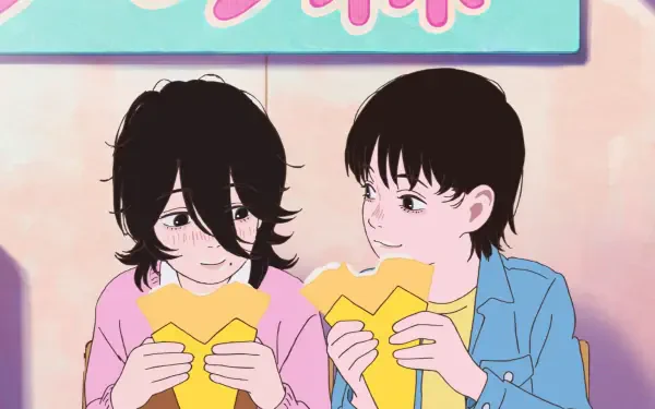 Two anime characters share a moment, enjoying food while sitting together. This HD PC desktop wallpaper is titled Look Back, featuring a warm and cheerful atmosphere.