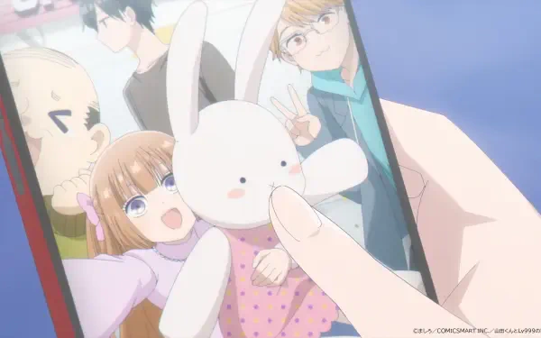 HD PC desktop wallpaper featuring characters from the anime My Love Story With Yamada-kun at Lv999, showing a group selfie with a large white stuffed bunny.