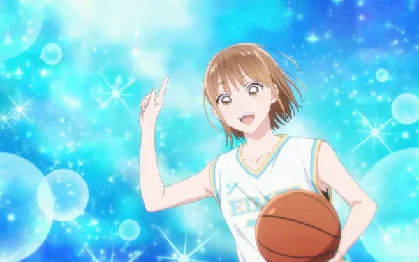 Anime-style HD desktop wallpaper featuring Chinatsu Kano from Blue Box, holding a basketball with a vibrant blue sparkling background.