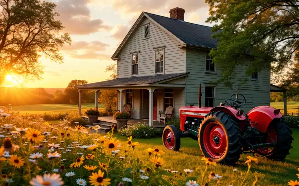 A charming farmhouse surrounded by vibrant flowers and a classic red tractor, set against a picturesque sunset, captured in stunning 4K Ultra HD.