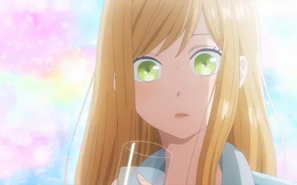 A character with long, light hair and green eyes looks contemplatively at the viewer while holding a glass, set against a colorful, dreamy background from My Love Story With Yamada-kun at Lv999.