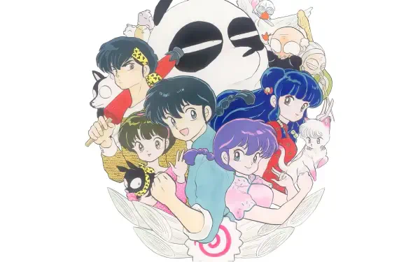 HD PC desktop wallpaper featuring colorful characters from the anime Ranma ½ in a dynamic, circular composition with vibrant expressions and poses.