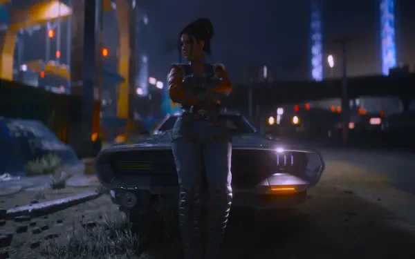 A Cyberpunk 2077 HD desktop wallpaper featuring a character standing confidently by a futuristic car, set against a vibrant, neon-lit urban backdrop at night.