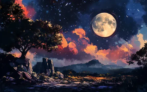 A stunning moonlit sky illuminates a serene landscape, featuring vibrant clouds and a panoramic view of mountains, making an enchanting 4K Ultra HD desktop wallpaper.