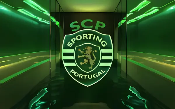 4K Ultra HD Sporting CP football wallpaper featuring the club’s glowing green emblem with lion and Portugal text, set against a reflective green corridor background.