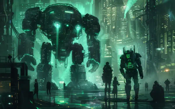A striking Sci-Fi scene showcases towering mechs in a neon-lit city, with figures exploring their surroundings, creating an immersive 4K Ultra HD desktop wallpaper experience.