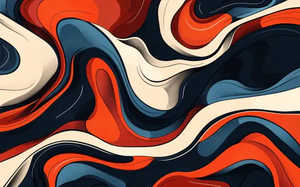 Abstract fluid art with vibrant wave patterns in red, navy, cream, and black hues forming a dynamic 4K Ultra HD desktop wallpaper background.