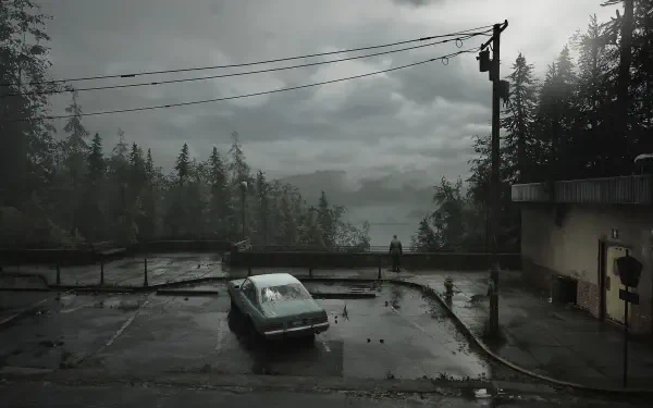 A moody scene from Silent Hill 2, featuring a rain-soaked parking lot with a vintage car, under a cloudy sky and surrounded by dark, dense trees. A striking 4K Ultra HD wallpaper.