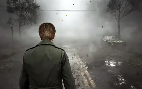 A 4K Ultra HD wallpaper featuring a character from the video game Silent Hill 2, standing on a misty road with a desolate car in the background, creating an eerie atmosphere.