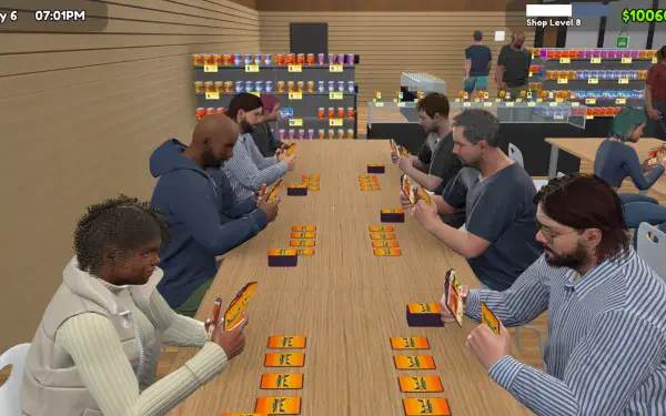 A vibrant scene from the TCG Card Shop Simulator, featuring players engaged in a tabletop card game, surrounded by shelves of colorful card packs in an inviting shop setting.