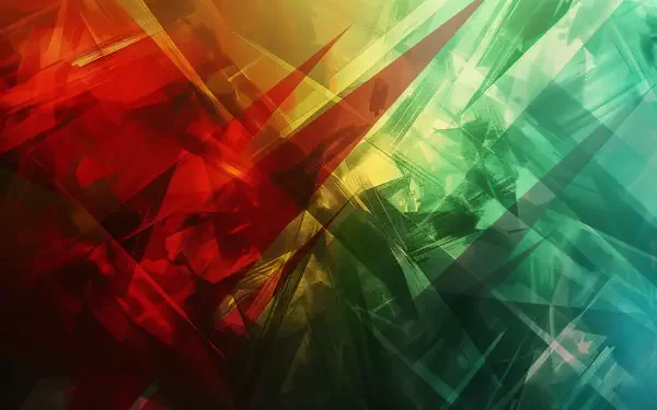 An abstract composition featuring vibrant red and green hues, layered with sharp angles and textures, showcasing a dynamic interplay of colors in a 4K Ultra HD desktop wallpaper.