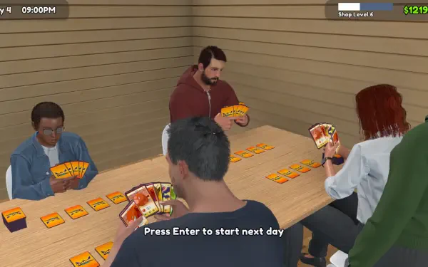 A scene from the TCG Card Shop Simulator shows players gathered around a table, engaging with cards in a cozy, well-lit gaming environment. HD wallpaper for PC desktops.