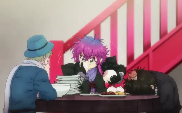 A vibrant scene from the anime Haigakura featuring characters at a table, with one dressed in a colorful outfit and holding plush toys, set against a modern interior backdrop.