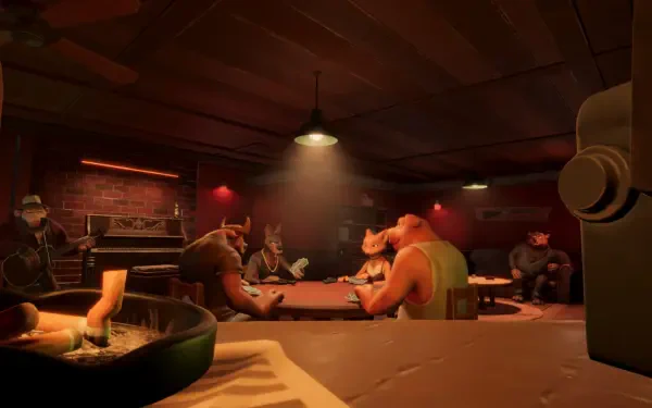 A detailed HD wallpaper depicting a lively scene in Liars Bar, featuring various characters engaged in a game, with warm lighting and a cozy atmosphere.