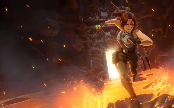 An action-packed anime-style wallpaper featuring Lara Croft from Tomb Raider: The Legend of Lara Croft, sprinting through a fiery cave with determination and adventure.