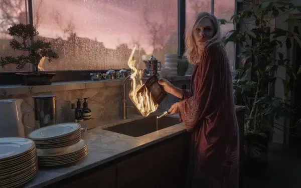 Cate Blanchett in a dramatic scene from the TV show Disclaimer (2024), showcasing a kitchen setting with a striking visual of flames in a 4K Ultra HD desktop wallpaper.