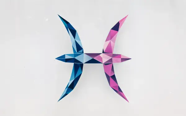 A vibrant 4K Ultra HD desktop wallpaper featuring the Pisces zodiac symbol, constructed from geometric shapes in blue and pink against a light background.