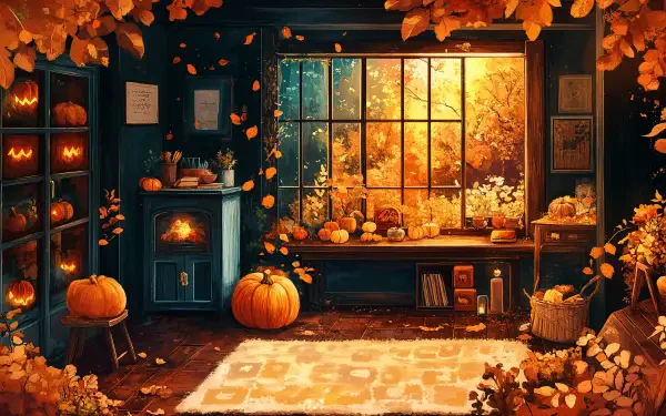 A cozy autumn aesthetic featuring a warm room filled with pumpkins and autumn leaves, illuminated by golden light streaming through a window. 4K Ultra HD desktop wallpaper.